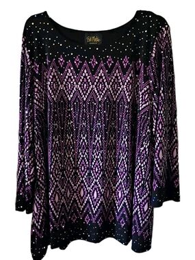 Bob Mackie Black and Purple Geometric glitter Long Sleeve Top evening Cocktail